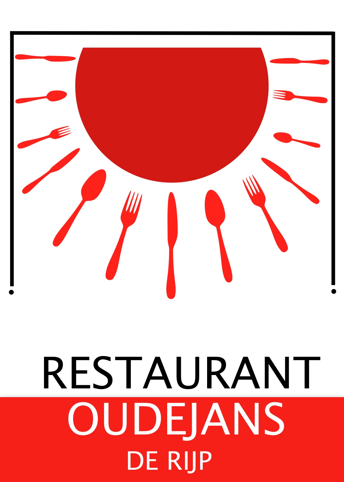 Logo van Restarant Oudejans in de Rijp van een zon met messen en vorken eromheen in het rood